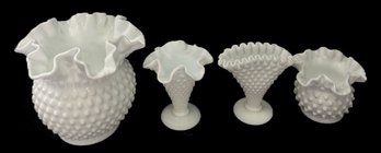 4 Pcs Vintage Fenton Ruffled Edge Hobnail Milk Glass Vases & Bowls, Largest 6.25' Diam. X 5.5'H