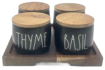 5 Pcs Rae Dunn Artisan Collection 4-Herb Jars With Wooden Lid Sitting On Wooden Tray