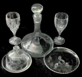 5 Pcs Crystal, Etched Ship's Decanter, 2-Lead Crystal Water Stems, Covered Cheese And Silver Overlay Footed Pl