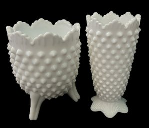 2 Pcs Vintage Fenton Hobnail Sawtooth Ruffled Edge Milk Glass Tri-Footed Egg Shaped & Crown Top Vase