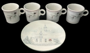 5 Pcs Pfaltzgraff Victorian Lane Plate, 8.25' Diam. And 4-Fiesta Pine Bough Themed Mugs