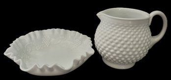 2 Pcs Vintage Hobnail Milk Glass Pitcher With Applied Handle And Ruffled Edge Grape & Leaf Bowl, 8.25' Diam.