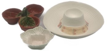 3 Pcs Ceramic Serving Bowls, Chip-N-Dip Sombrero, 14' X 13' X 4'H, And 2-Others