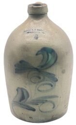 Antique O.L. & A.K. Ballard, Burlington VT, Glazed Stoneware 2 Gallon Jug, Applied Handle, 8.25' Diam. X 15'H