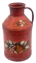 Vintage Tole Painted Hood Cream Can In Red Paint With Fruit & Foliate Design, 7-7/8' Diam. X 14'H