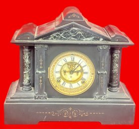 Antique Ansonia Ream Marble Mantle Clock, Porcelain Face With Roman Numerals, 14.5' X 5.5' X 12.75'H