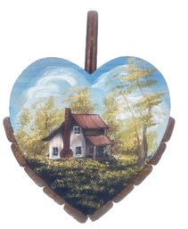 Hand Painted Heart Shaped Basket With Nice Farmhouse & Barn Scene, Signed 'SB'
