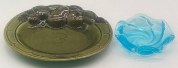 2 Pcs Vintage Oval Los Angeles Potteries USA Olive Green Fruit Bowl, 10' X 8.5' &Blue Swirl Art Glass Ashtry