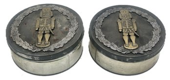 2 Pcs 1984 Matching Metzke Christmas Tins With Pewter Wreaths And Brass Toy Soldiers, 7.75' Diam. X 3'H