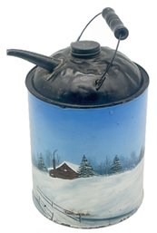 Vintage Tole Painted Oil Can, 6.25' Diam. X 11'H (Top Of Handle Up) Signed 'Hale Cooper'