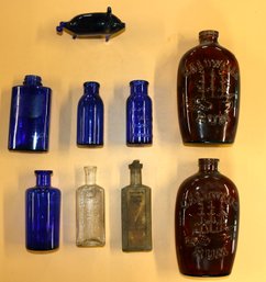 Lot Of Assorted Bottles And One Cobalt Blue Glass Pig