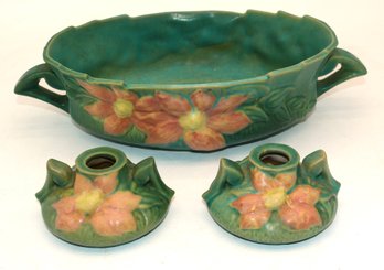 Three Pieces Of Roseville Pottery - 1 Roseville Clematis Console Bowl And 2 Roseville Clematis Candlesticks