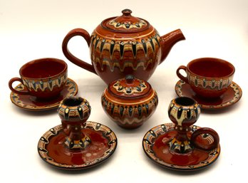 Six Piece Set Of Pottery Ware - No Maker - Coffee Pot - 2 Cups & Saucers - Sugar - 2 Candlesticks