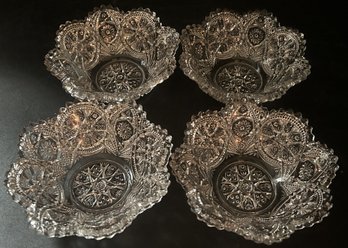 4 Pcs Matching Sawtooth Rim Press Crystal Nut Bowls, 5.25' Diam.