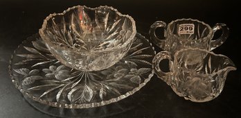 4 Pcs Matching Pattern Cut & Etched Leaded Crystal Creamer & Sugar, 10' Diam. Cake Plate & 6.25' Diam. Bowl