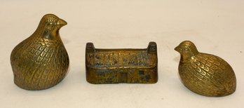 Three Brass Pieces - One Brass Cottage And Two Brass Birds - No Maker Marks