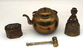 Four Brass Items - Teapot - Bell Figure - Trinket Box - Gavel