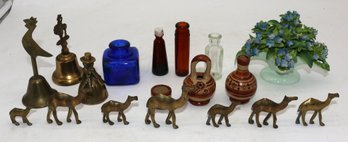 Assorted Lot Of Smalls - Bottles - Brass Bells - Brass Camels - Pottery