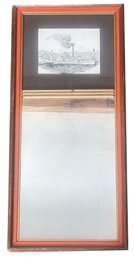Vintage Framed Mirror With Black & White Drawing Of The Mt Washington Paddle Boat, 9.75' X 21'H
