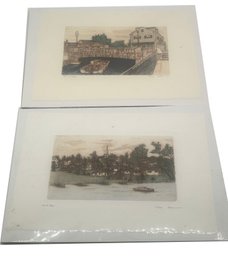2 Pcs Vintage Limited Editions Hand-Colored Etching By David Olson, Back Bay & The Bridge, Wolfeboro, NH