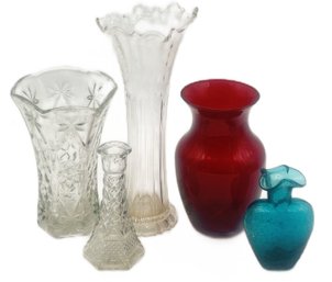 5 Pcs Vintage Vases, 3 Pcs Clear Pressed Glass, Ruby Red And Blue Heart Shaped Crackle, Tallest 12.5'H