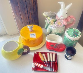 Various Holiday And Serving Pieces, 10'H Spring Ceramic Bunny, Covered Cheese Dish, Lemon Pitcher And More