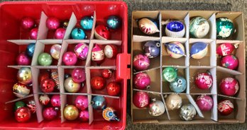 Plastic Storage Container With Assortment Of Over 50 Vintage Glass Christmas Tree Ornaments