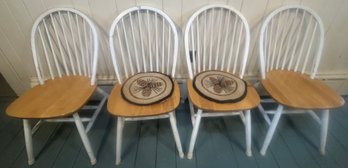 Set Of 4 White & Natural Windsor Back Kitchen Side Chairs
