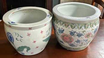 2 Pcs Vintage Decorator Asian Style Jardiniere Planters