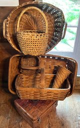 7 Pcs Vintage Baskets In Various Ages, Materials, Shapes And Sizes, Largest 26' X 17' X 9'H