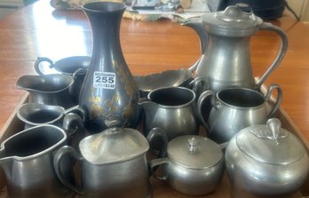 12 Pcs Vintage Pewter 8.5'H Vase, Coffee Pot, Creamer & Sugar And More