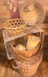 7 Pcs Vintage Baskets In Various Ages, Materials, Shapes And Sizes, Largest 16' Diam. X 15.5'H