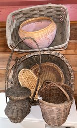 7 Pcs Vintage Baskets In Various Ages, Materials, Shapes And Sizes, Largest 20.5' Diam. X 14'H