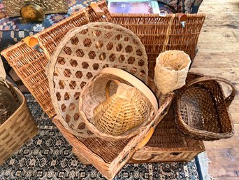 7 Pcs Vintage Baskets In Various Ages, Materials, Shapes And Sizes, Largest 24' X 15' X 9.5'H