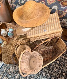 8 Pcs Vintage Baskets & Hats In Various Ages, Materials, Shapes And Sizes, Largest 22' X 17' X 11.5'H