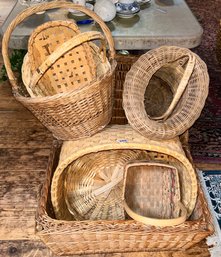 7 Pcs Vintage Baskets In Various Ages, Materials, Shapes And Sizes, Largest 24' X 16' X 15'H