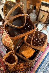 7 Pcs Vintage Baskets In Various Ages, Materials, Shapes And Sizes, Largest 24' X 13' X 8'H