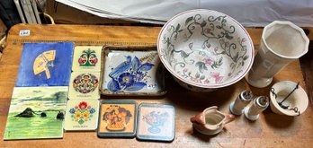 Misc Lot As Pictured Including McCoy Vase, Milk Glass Salt & Pepper, Tiles, Cow Creamer And Others