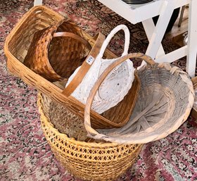 7 Pcs Vintage Baskets In Various Ages, Materials, Shapes And Sizes, Largest 22' Diam. X 17'H