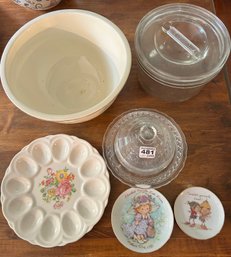 6 Pcs Varied Lot - KitchenKraft Art Plates, Covered Cheese Dish, Deviled Egg Plate & Ripley Lidded Container (