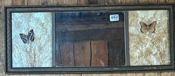 Vintage 3-Section Mirror With 2-Panels Of Pressed Butterflies, 25' X 9'H