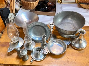 12 Pcs Vintage Pewter Including Lamps, Decanter, S&P, Candlestick Holders And Dishes