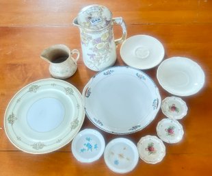 11 Pcs Vintage Porcelain China, Chocolate Pot 8.5'H, 2 Noritake Platters, 7 Salts And Others