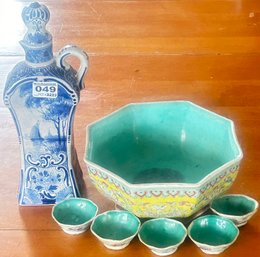 7 Pcs Chinese Export Octagon Bowl, 8.25' Diam. X 4'H Individual Salts & Delft Blue & White Bottle, 11'H