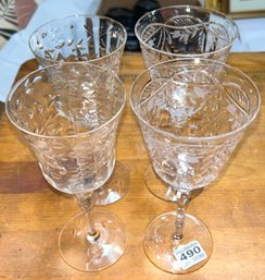 4 Pcs Stemmed Etched Red Wine Goblets, 2-Patterns