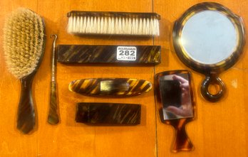 8 Pcs Vintage Ladies Faux Tortoise Travel Set, Made In France, 2 Mirrors, Brush, Toothbrush Tube And More