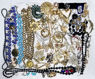 Costume Jewelry Lot-Birds, Butterflies, Necklaces, Brooches, Earrings-Richelieu, Trifari, Monet, 2.7 Lbs