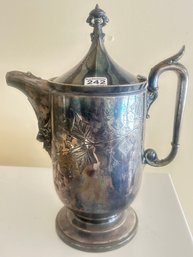 Large Floral Engraved Victorian Silver Plated Water Pitcher, JAS Stimpson, Pat. 1854, 7' X 11.5' X 14.5'H