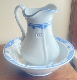 Blue & White Chamber Pitcher And Bowl, 13.5' X 4.25'H And Pitcher 13'H