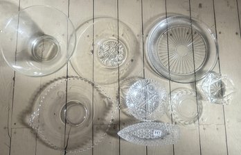 8 PCs Various Pressed Glass Serving Trays, Bowls An Other, Largest 13.5' Diam.  X 3.25'H